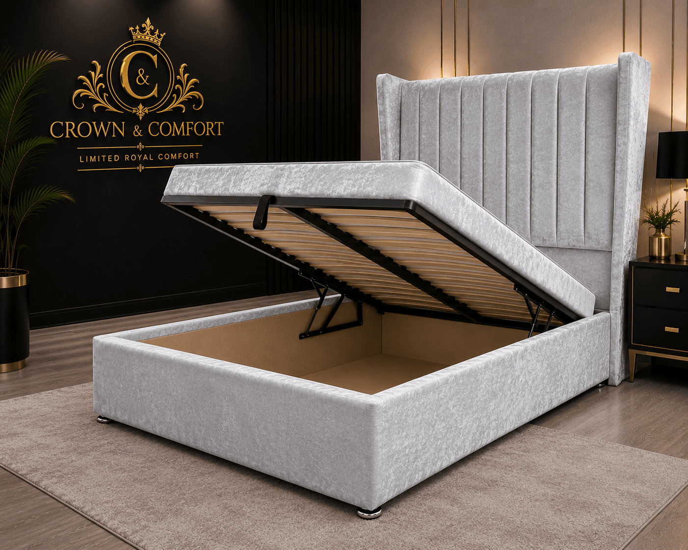 The Crownova Signature Crushed Velvet Wingback Bed