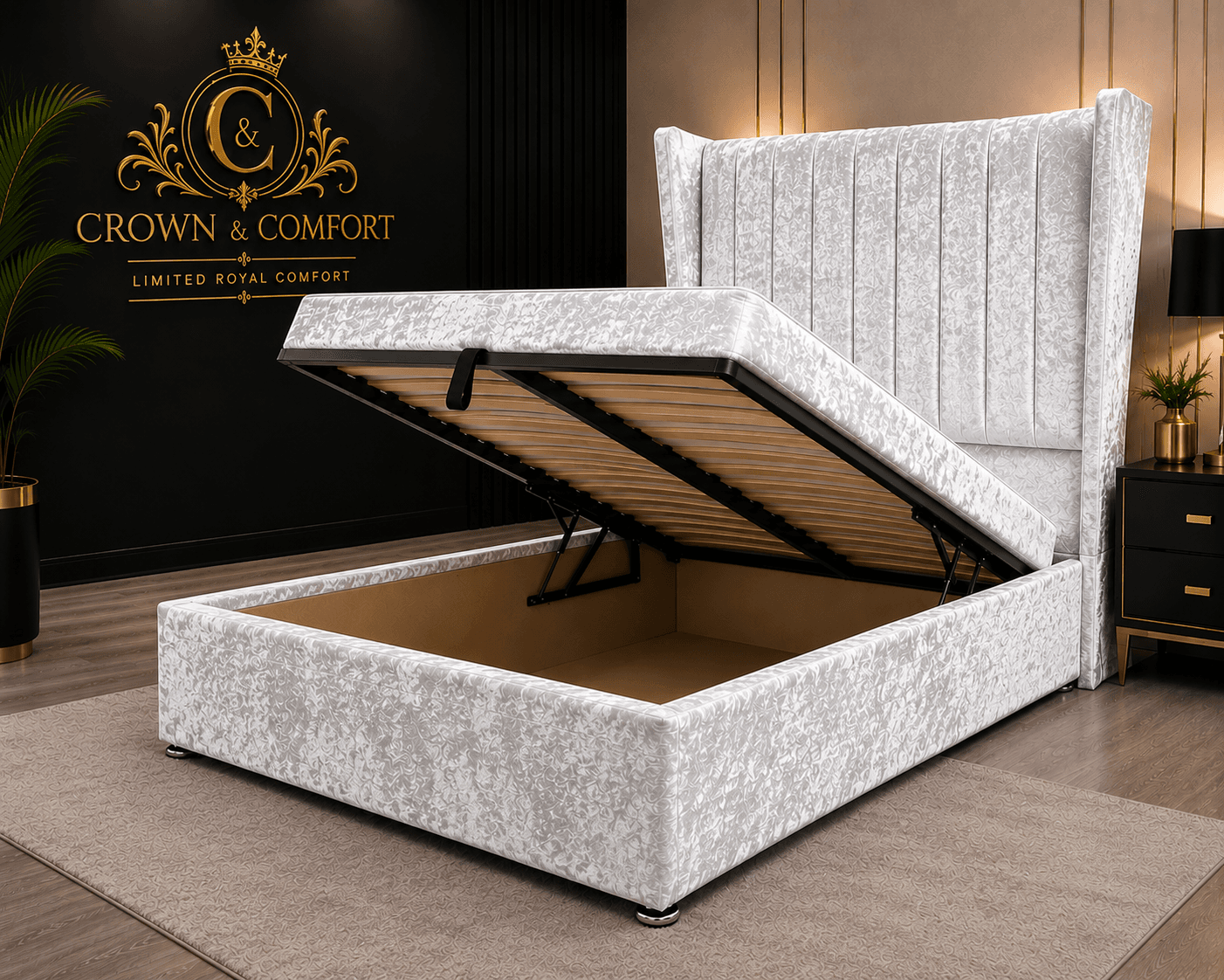 The Crownova Signature Crushed Velvet Wingback Bed