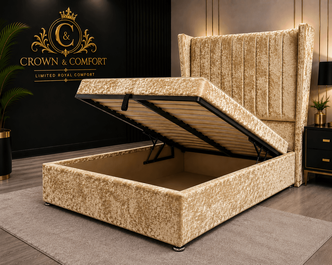 The Crownova Signature Crushed Velvet Wingback Bed