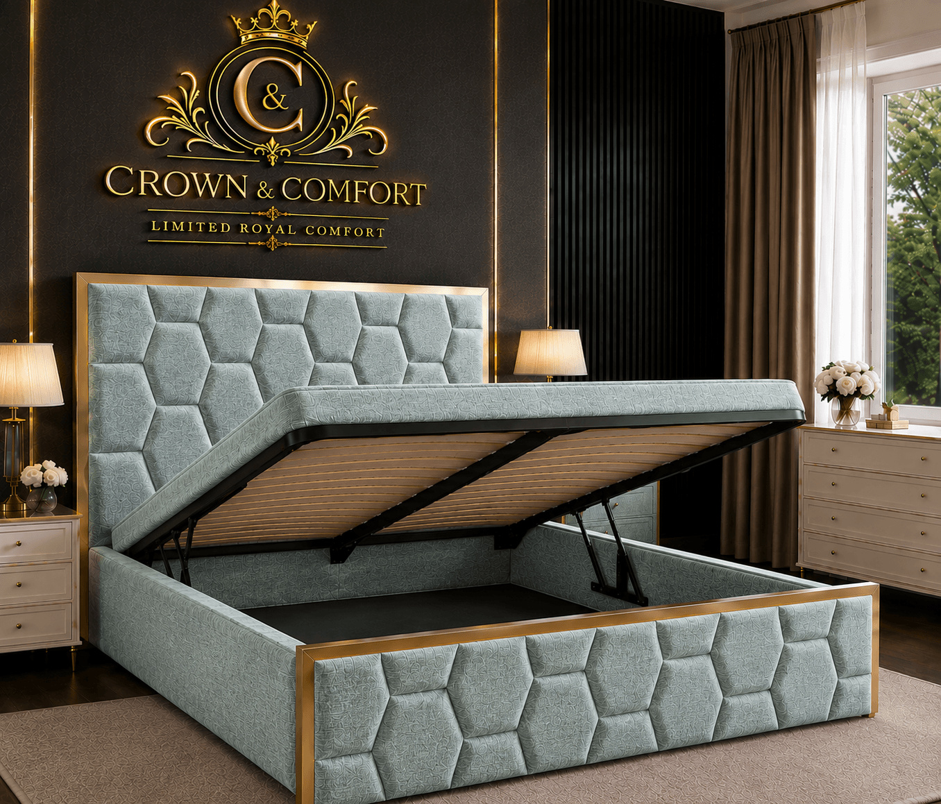 The Crownova Geometric Ottoman Storage Bed